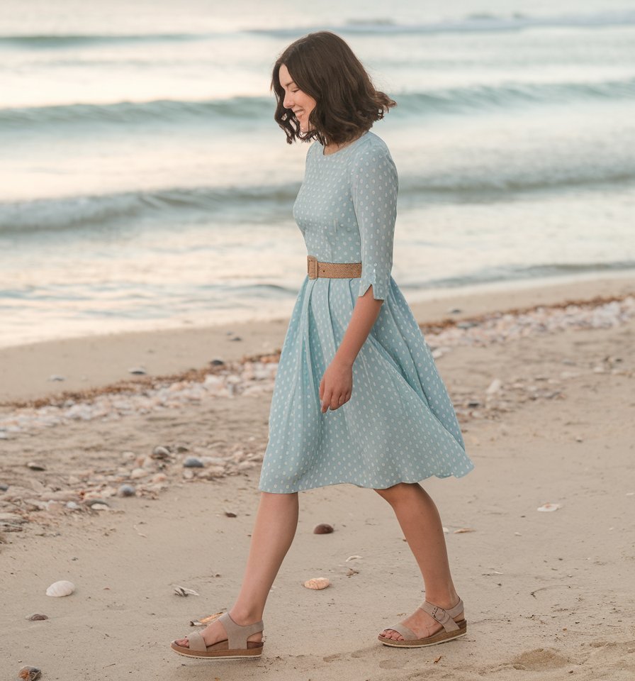 A woman in a light blue polka dot dress and sandals strolls along the sandy beach, epitomizing women's cruise fashion. The ocean waves gently roll in the background, making her attire one of the best Bahamas cruise outfits for a serene seaside escape.
