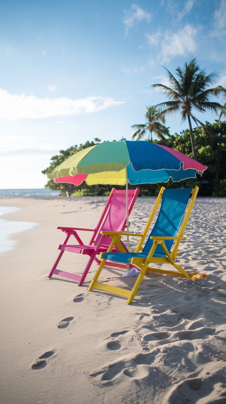 Two beach chairs, one pink and one yellow, sit under a colorful umbrella on a sandy beach. A palm tree sways gently in the background, while calm ocean waves kiss the shore under a clear blue sky. Footprints in the sand mark the path of many who enjoyed their perfect cruise gifts under this serene setting.