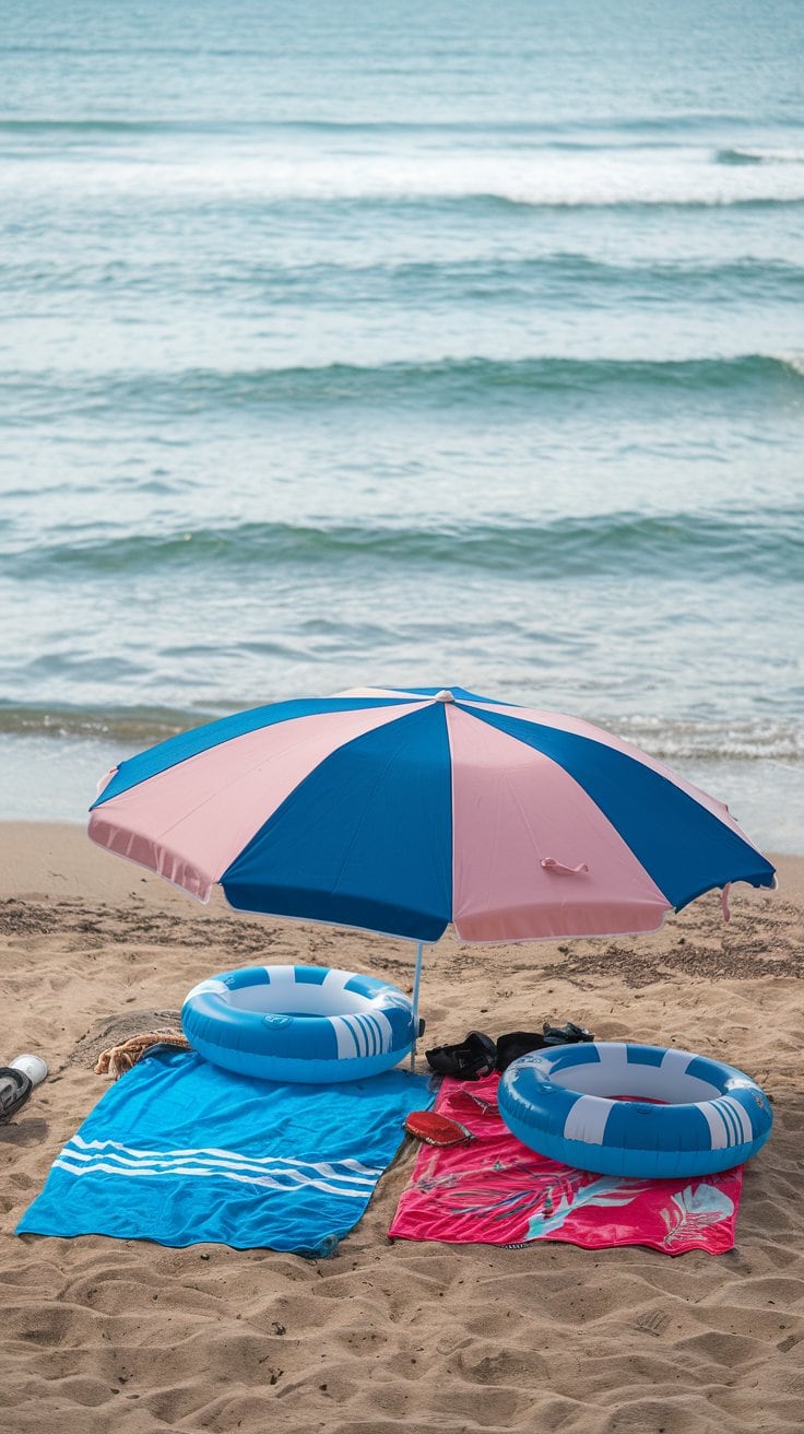 Two blue and white inflatable rings sit on a sandy beach under a blue and pink beach umbrella—essential items for any Hawaiian cruise. Below the rings are a blue towel and red towel, with flip-flops beside them. The ocean waves are visible in the background, completing this idyllic scene.
