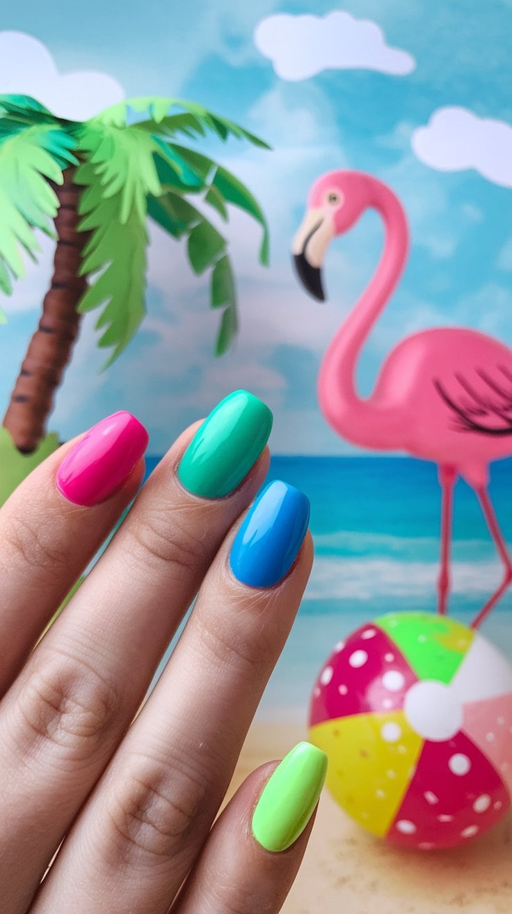 A chic hand flaunts nails in pink, turquoise, blue, and lime green in the foreground. The background features a pink flamingo, a beach ball, a palm tree, and a blue sky with clouds—perfect for showcasing your short cruise nail designs with effortless style.