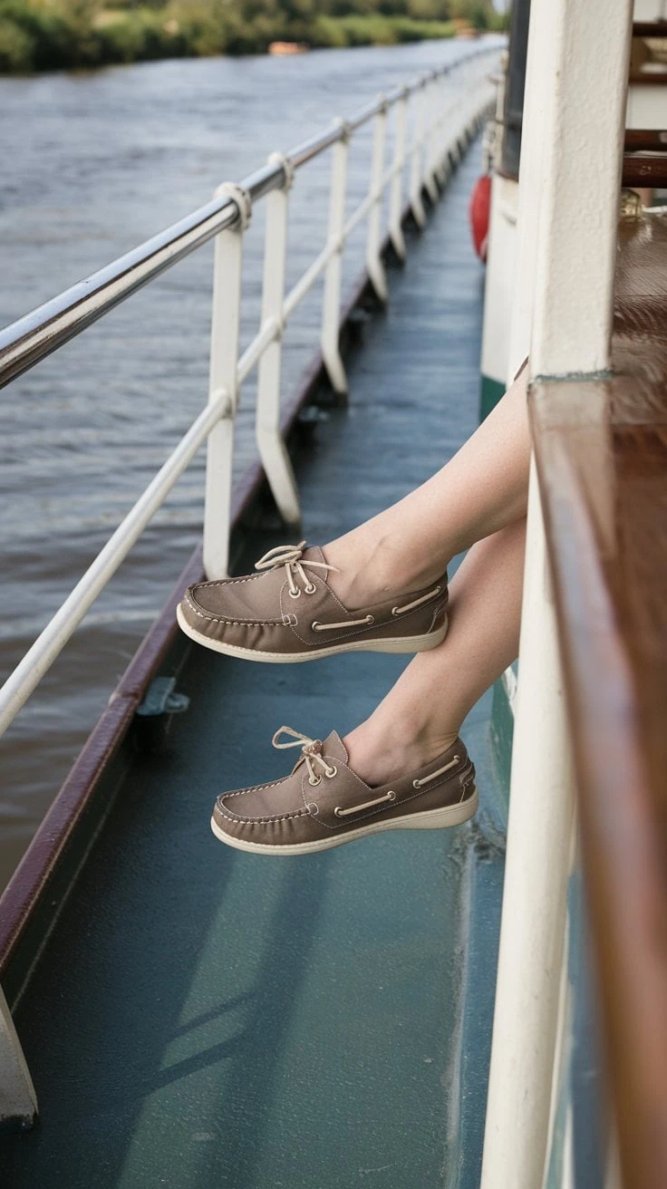 A pair of legs wearing stylish brown boat shoes with white laces stretches out over the railing of a river cruise boat. The water glistens in the background, alongside the vessel's green deck and elegant white railing, creating a serene escape for women over 40 seeking relaxation.