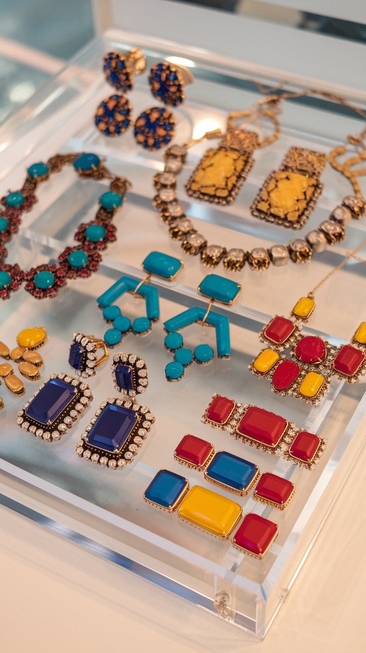 A display case showcasing chic vacation-style jewelry, including colorful geometric earrings and necklaces. The pieces feature vibrant stones in blue, yellow, red, and turquoise, elegantly set in ornate metal frames. Perfect accessories for your next adventure or chic cruise outfits.