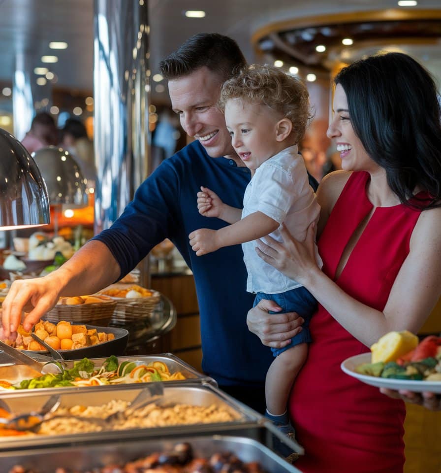 A family stands at the cruise buffet, with the man serving food while holding the child and the woman beside him. The spread includes pasta, vegetables, and fruit. All are smiling, captured in a perfect photo idea that reflects their joy in this delightful moment together.