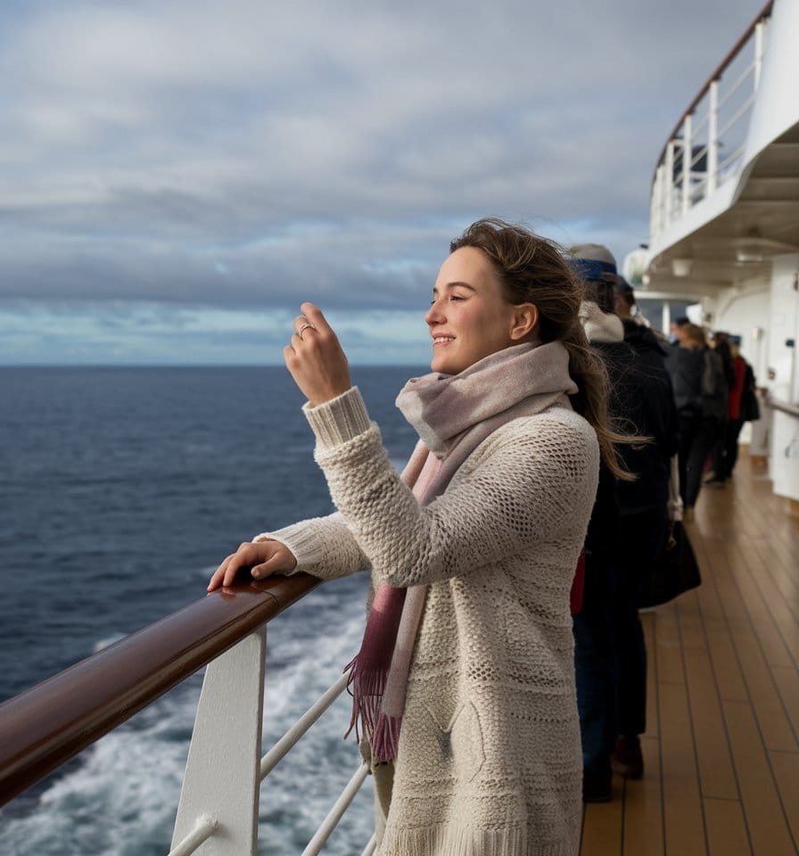 A person stands on a Disney Cruise ship's deck, smiling with eyes closed as they hold a smartphone up towards the sky. They're wearing a light-colored knit sweater and scarf—perfect outfits for women seeking comfort and style. The ocean and cloudy sky add to the magical scene, with other passengers nearby.