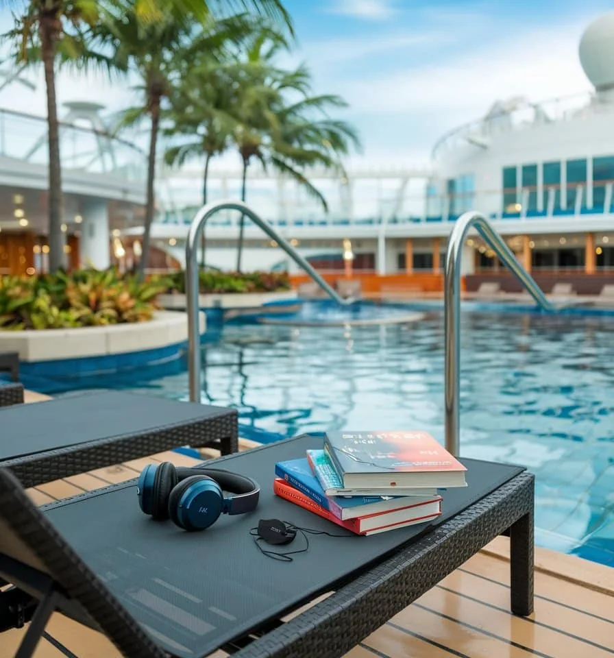 A lounge chair by the pool hosts a stack of books and headphones, poised for relaxation. In the background, palm trees sway on the cruise ship deck, enhancing the tranquil scene under a clear sky—a perfect escape checklist for leisurely indulgence.