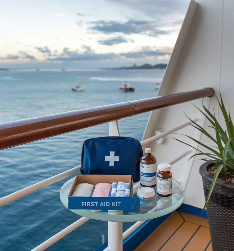 A first aid kit, resembling a care package, sits on a round glass table on a balcony overlooking the ocean. It includes bandages, liquid medicine, pill bottles, and a blue bag with a white cross. Nearby are the railing and a potted plant.