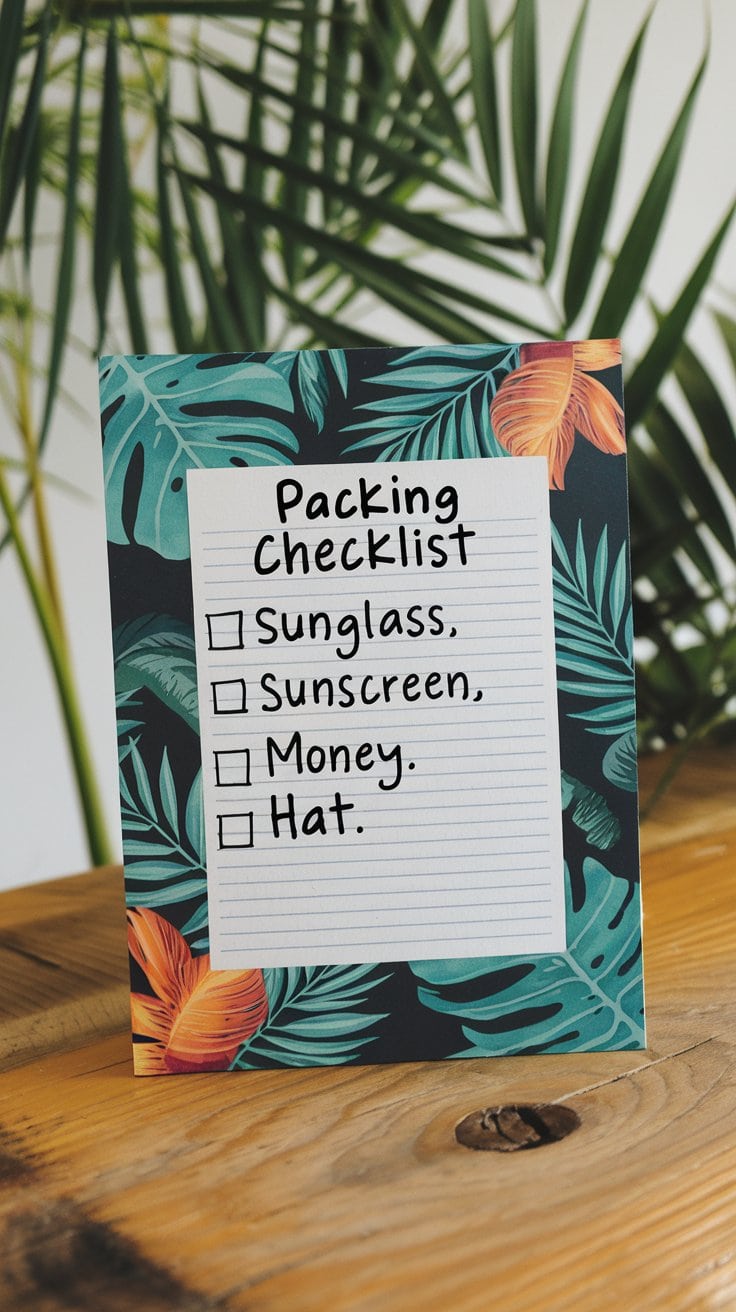 A decorative packing checklist on a wooden table for a Caribbean cruise. The list includes: "Sunglass, Sunscreen, Money, Hat," each with an unchecked box. Adorned with tropical leaf and flower borders, it offers essential packing tips for women. A leafy plant is in the background.