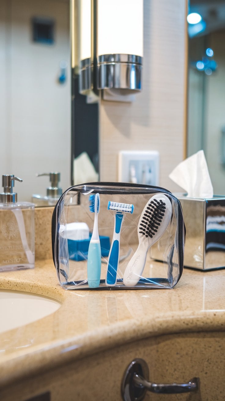 A clear toiletry bag, ideal for women preparing for a Caribbean cruise, sits on the bathroom counter with essentials like a blue toothbrush, razor, and hairbrush. Nearby are a liquid soap dispenser, a box of tissues, and a sink—essentials to consider in your packing tips.