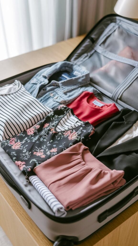 An open suitcase lies on a wooden surface, ready for a Caribbean cruise. Inside, neatly folded clothes are organized in two sections: a striped shirt, denim, a floral top, a red shirt, a black jacket, and a pink garment. With these packing tips in mind, everything fits perfectly.