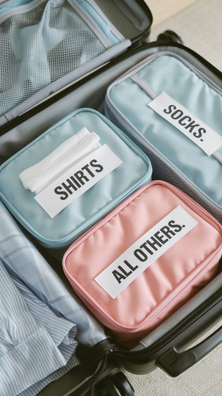 An open suitcase reveals organized packing cubes labeled "SHIRTS," "SOCKS," and "ALL OTHERS" for a Caribbean cruise. A folded shirt sits next to light blue and pink cubes, offering essential packing tips for women.