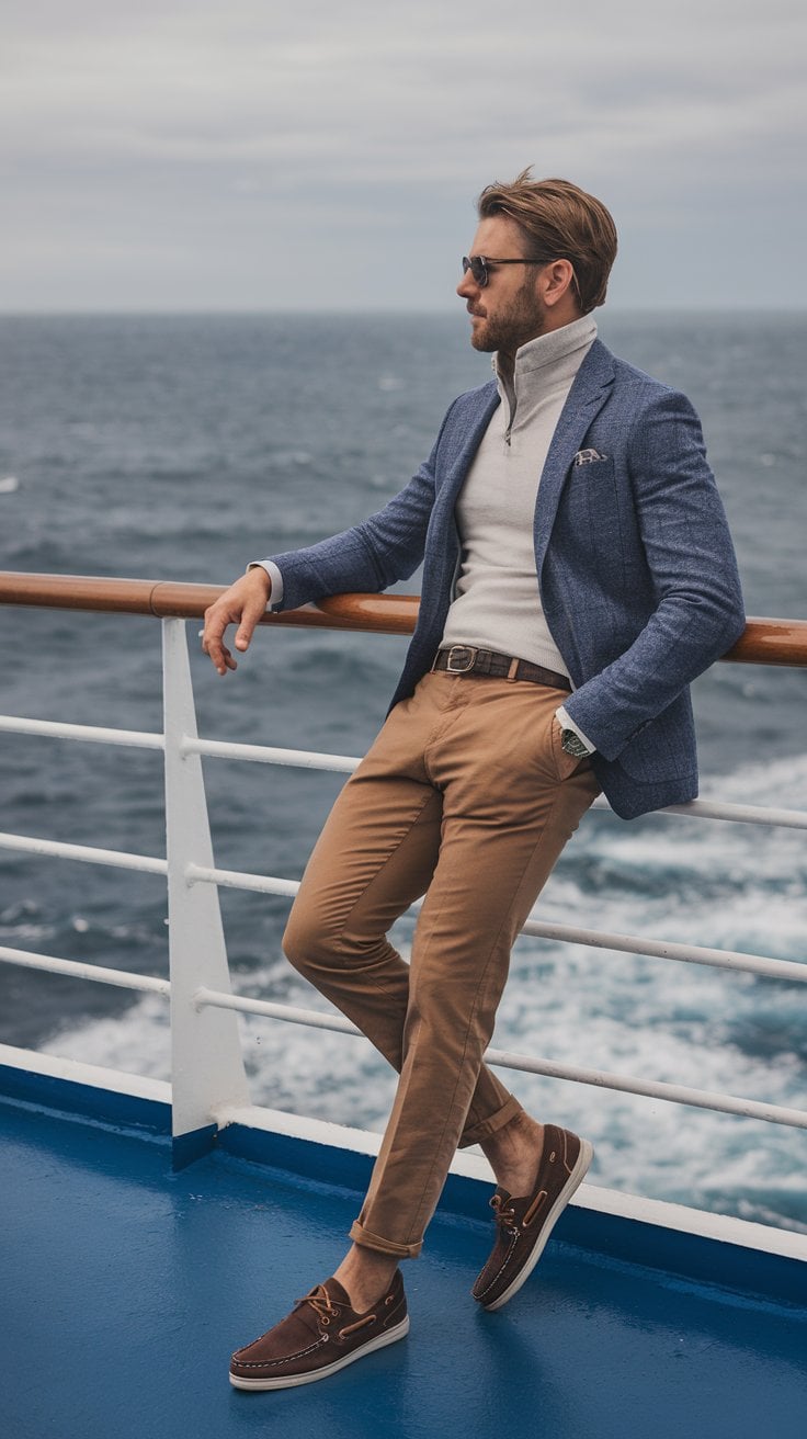 A man in a blue blazer, white turtleneck sweater, and brown pants exudes effortless style as he leans against the ship's railing. Sporting sunglasses and brown shoes, his look is the epitome of chic preppy cruise outfits against the backdrop of a cloudy sky and vast ocean.