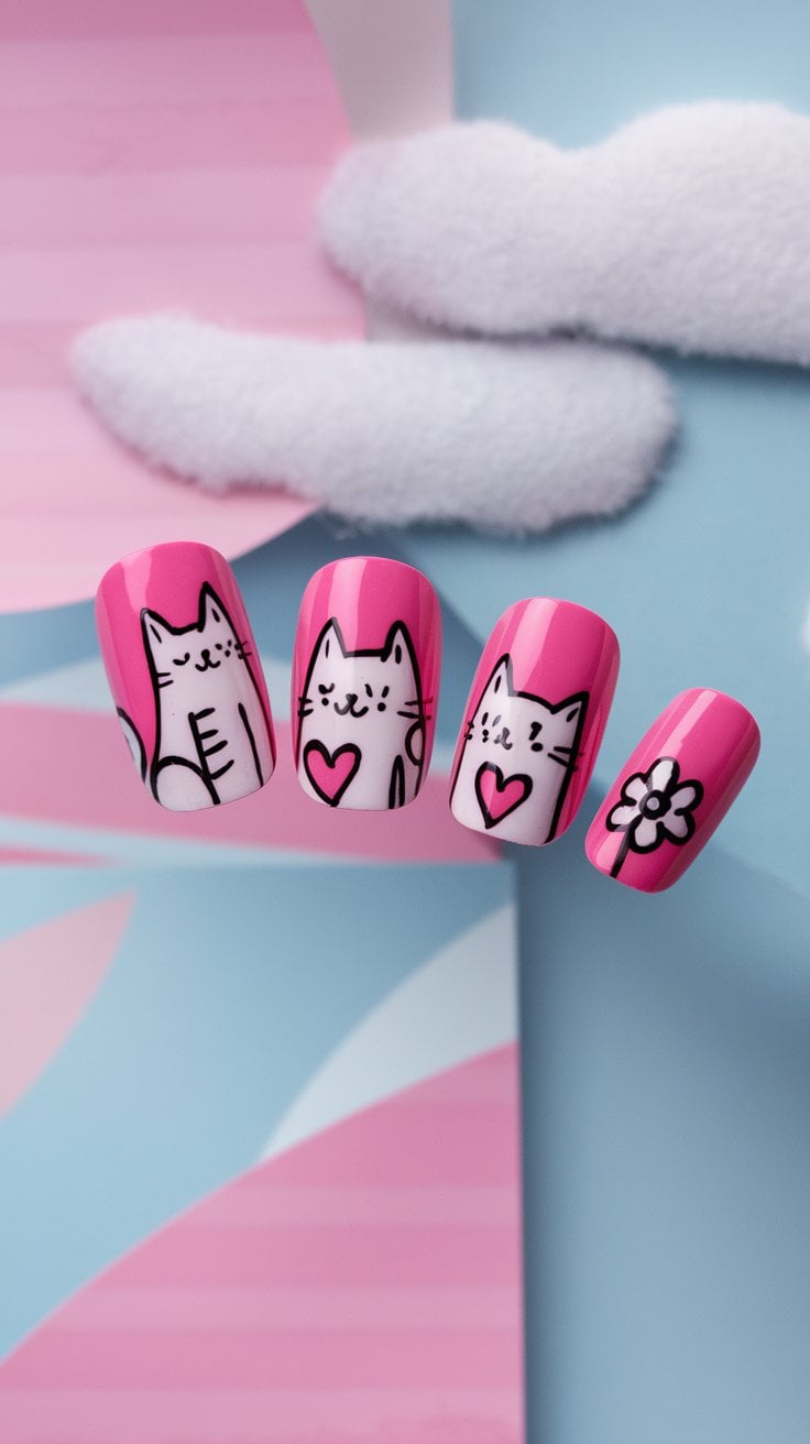 Elevate your style with chic short cruise nails featuring a bright pink set adorned with charming cat illustrations, each showcasing simple cartoon-like features and a small heart. A striped pattern graces the fourth nail alongside a small white flower, all set against a pastel-themed backdrop.