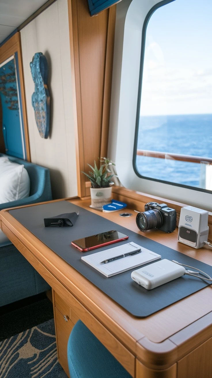 A neatly organized desk by a window on a ship shows a camera, smartphone, portable charger, key card, pen, notepad, and sunglasses. A small potted plant adds decor. The ocean is visible through the window—a perfect setup for jotting down your packing list for a free cruise adventure.