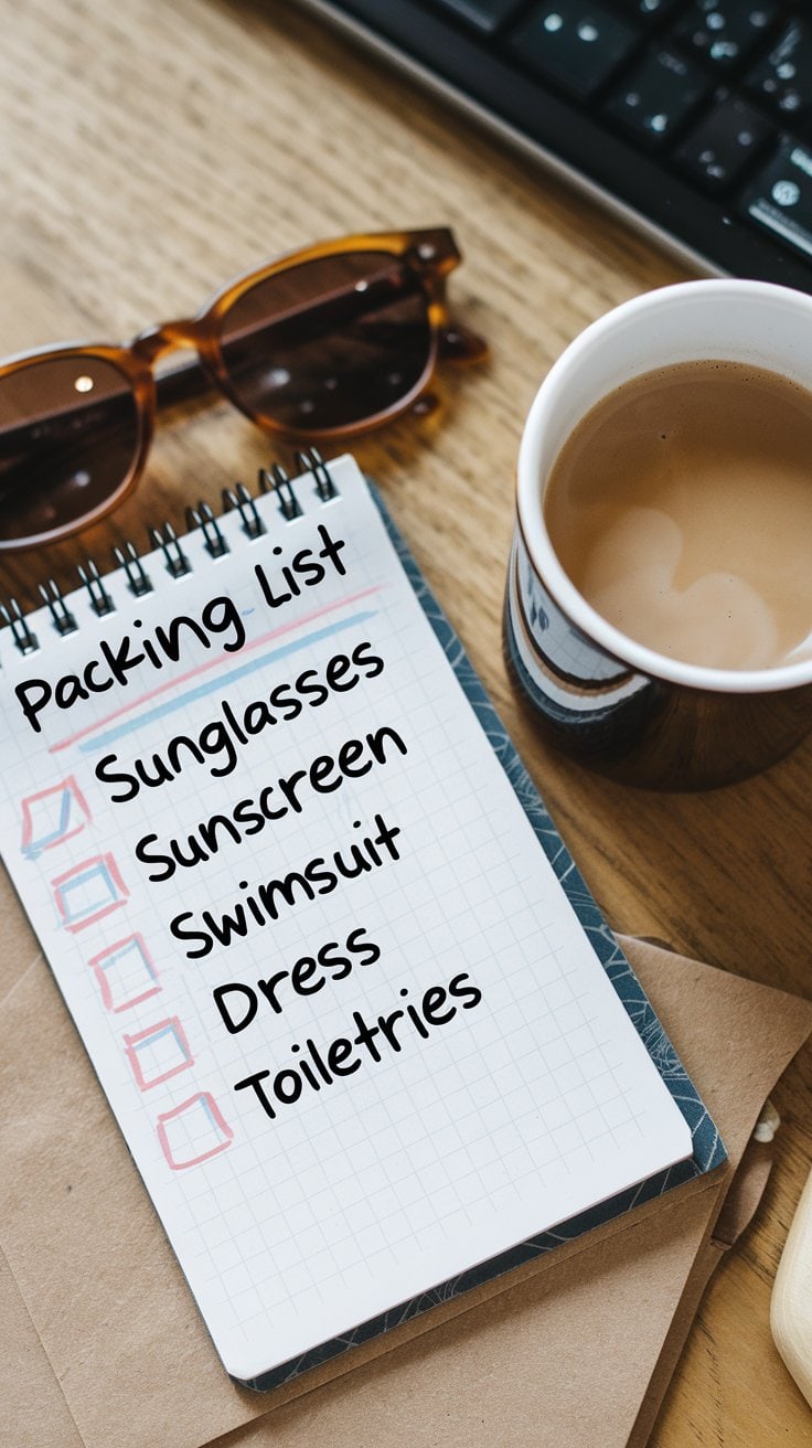 A notepad lays on a table with a handwritten cruise packing list: sunglasses, sunscreen, swimsuit, dress, toiletries. Nearby are a pair of sunglasses and a cup of coffee. A keyboard is partially visible in the corner.
