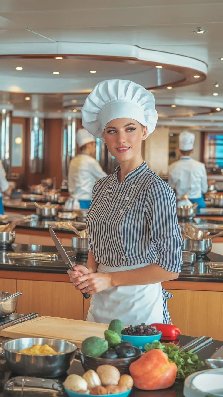 A chef wearing a white hat and striped uniform expertly wields a knife in a professional kitchen, reminiscent of an Italian cruise's culinary adventure. Before him lie mushrooms, bell peppers, and an avocado. Other chefs bustle in the background.
