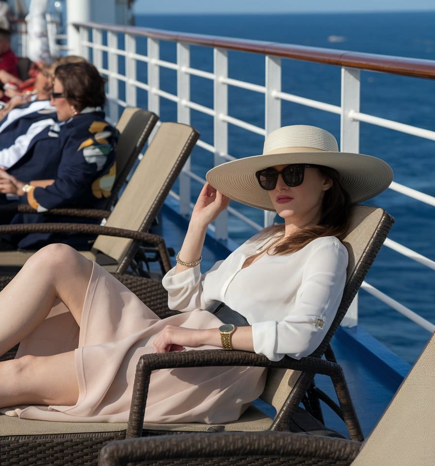 A woman is lounging on a cruise ship deck chair, wearing a white hat and sunglasses, perfect Disney Cruise Outfit inspiration. Other passengers are seen relaxing in the background, with the magical ocean visible beyond the ship's railing.
