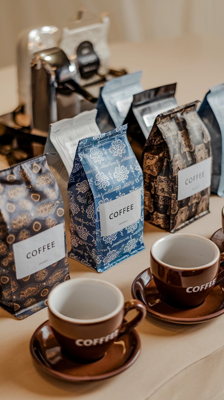 Bags of coffee with decorative patterns are displayed on a table alongside brown coffee cups and saucers, perfect as gift ideas for coffee lovers. A sleek coffee machine is visible in the background, adding a touch of elegance to any cruise cabin or steward's lounge.