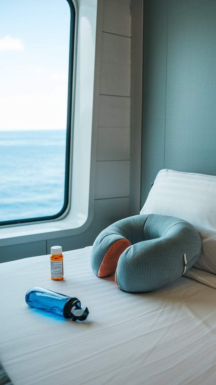 A cruise ship cabin window offers a serene ocean view. On the bed, amidst its light blue and white decor, rests a neck pillow beside essential items like a water bottle and a medicine bottle. Consider checking off your free cruise packing list to ensure you've brought all the essentials for your journey.