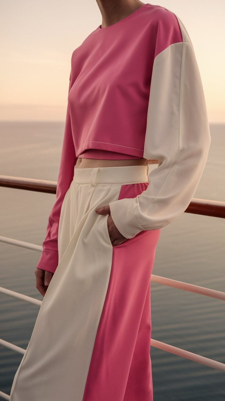 A person wearing a chic pink and white color-blocked outfit stands on a ship's deck during a Japan cruise. The top is long-sleeved with a cropped design, and the pants have a side pocket. The background reveals calm ocean water and a pastel sky at sunset.