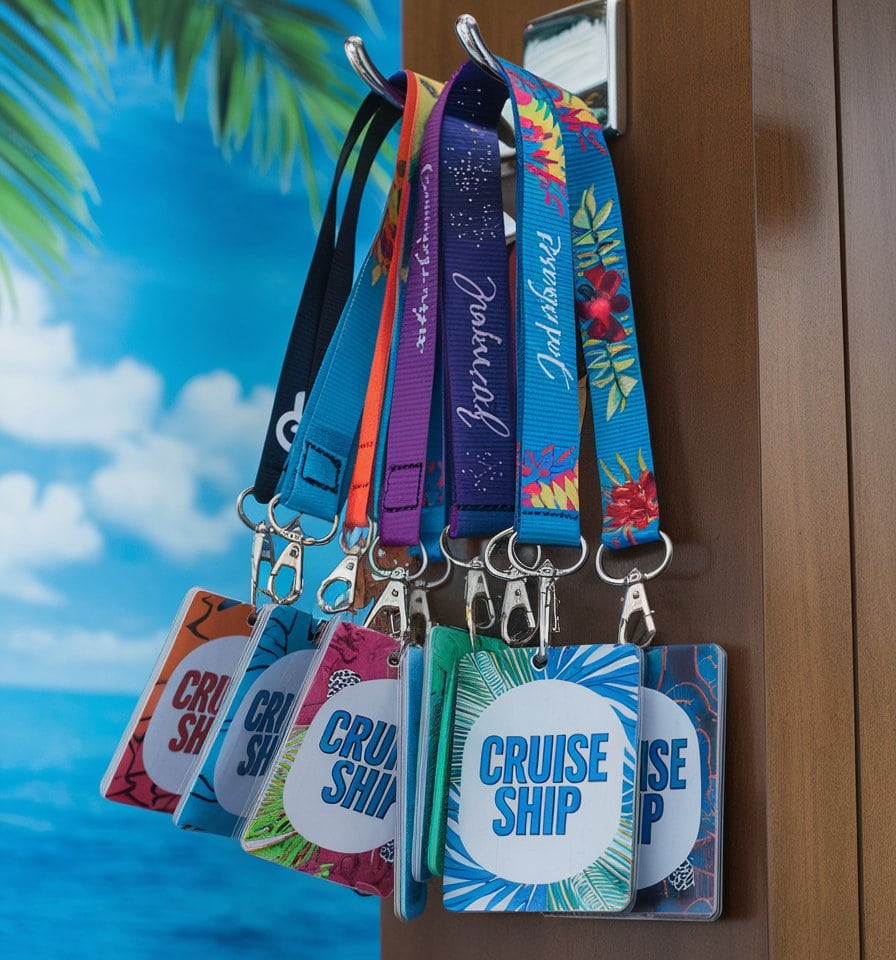 Multiple colorful cruise ship lanyards, perfect for welcome bag ideas, hang on hooks attached to a wooden surface. The lanyards boast various patterns and display cardholders labeled "CRUISE SHIP," with a beach-themed backdrop visible in the background.