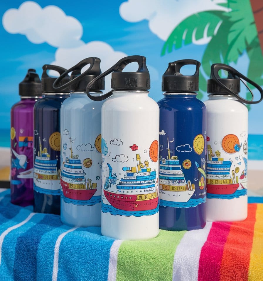 A row of six colorful water bottles with black caps, adorned with cartoon ships and nautical designs, is set on a vibrant striped towel. Perfect for a cruise-themed welcome bag, the scene features palm trees against a sunny beach backdrop.