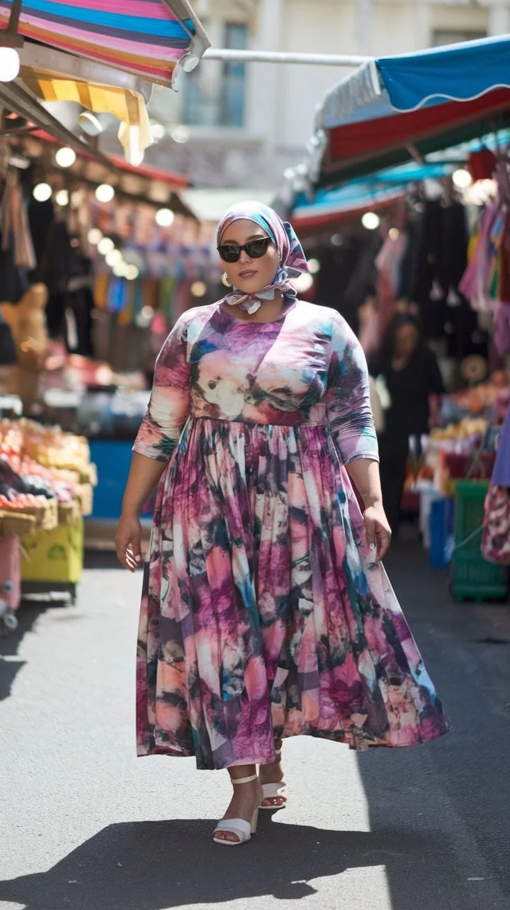 A person wearing sunglasses and a colorful, patterned dress that screams Mexican getaway walks through a busy outdoor market. The individual also sports a patterned headscarf. Various market stalls with clothing and other items are vibrant in the background, perfect for cruise outfit ideas.