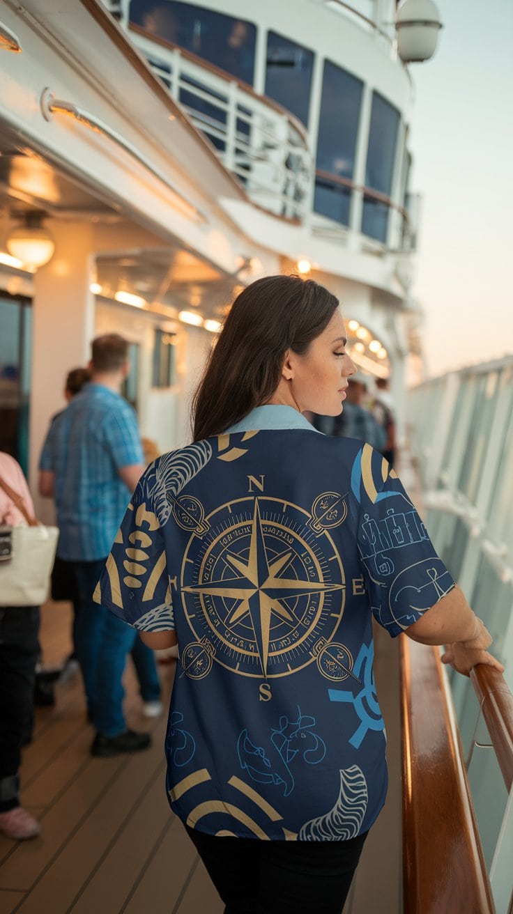 A person with long hair stands on the deck of a ship, donning a blue shirt adorned with a creative compass design. Their imaginative Cruise shirt blends seamlessly into the scene, where others mingle amid the ship's railing and glowing lights in the background.