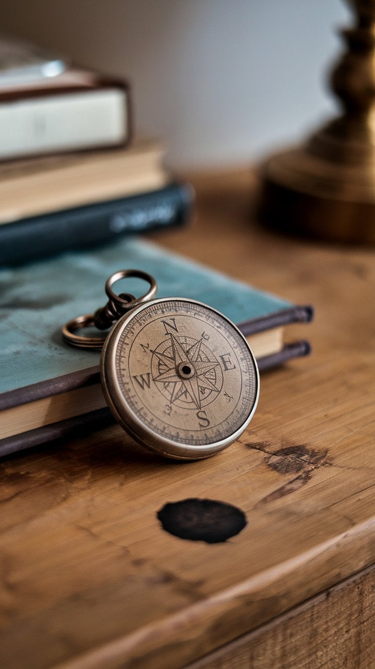 A brass compass with a detailed compass rose, perfect as a unique gift, sits on a stack of books on a wooden table. A lamp base is partially visible in the background. The table surface has a small dark circular mark.