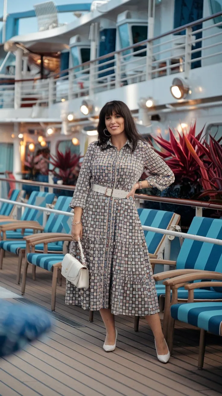 A woman stands on the deck of a ship during her Italian Cruise Adventure, wearing a chic, long-sleeved patterned dress with a belt. She holds a white handbag and wears high heels. Blue-and-teal striped chairs are arranged nearby, with the ship's upper deck and railings visible in the background.