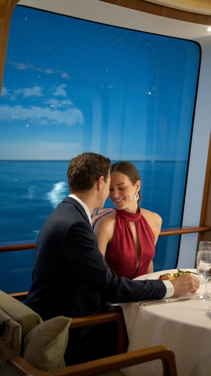 A couple sits chicly at an elegant dinner table on an Italian cruise, with a large window revealing a starry night sky and calm ocean. The man wears a suit, and the woman is in a red dress. They smile at each other, surrounded by plates of exquisite food and sparkling glasses.