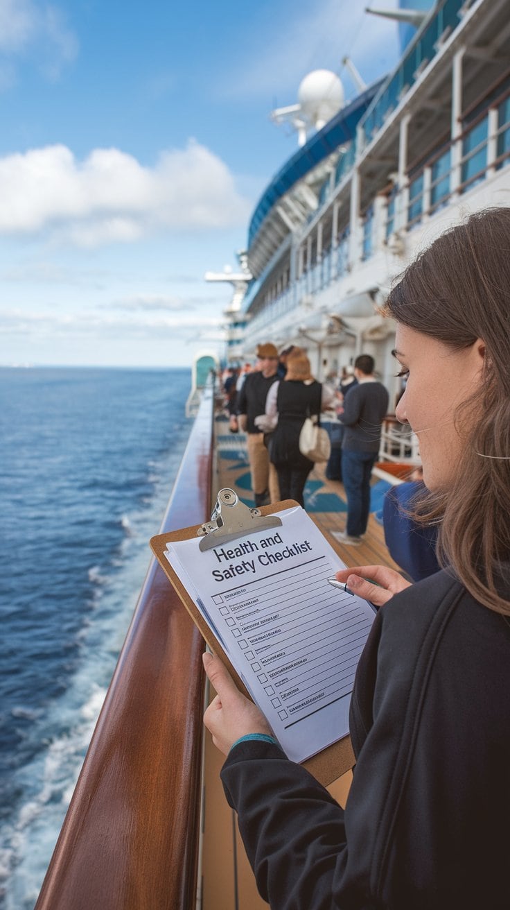A person holds a clipboard with a "Health and Safety Checklist" on the deck of a cruise ship, embodying careful planning. Passengers in the background enjoy tips on safety as they gaze at the ocean under a partly cloudy sky, where the sea remains calm.