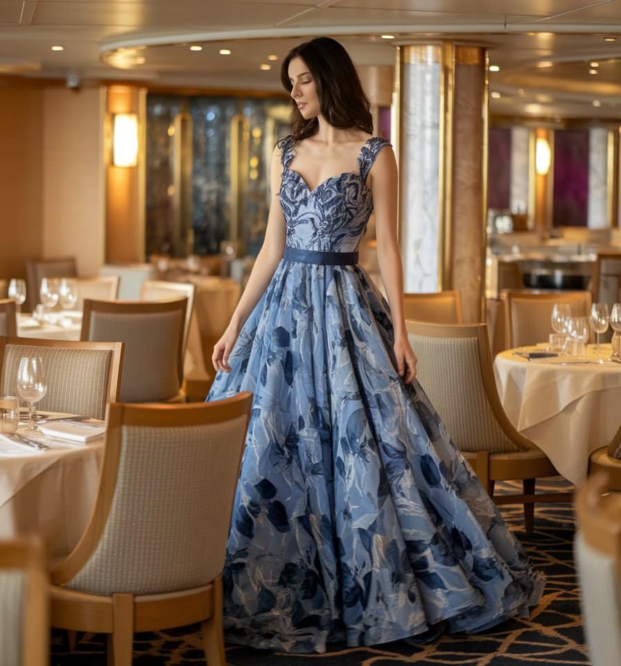 A stylish woman in a blue floral gown stands in an elegant restaurant. The setting features neatly arranged tables with glasses and cutlery, with warm lighting from wall fixtures. Reminiscent of a chic cruise outfit, the decor includes light wood and upholstered chairs.