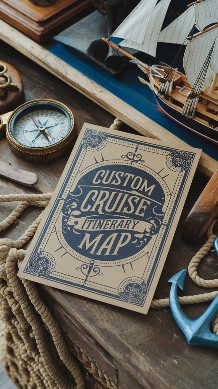 A nautical-themed setting showcases a vintage map labeled "Custom Cruise Itinerary Map," surrounded by cruise gift ideas like a compass, rope, anchor, and model ship, all artfully arranged on a wooden table.