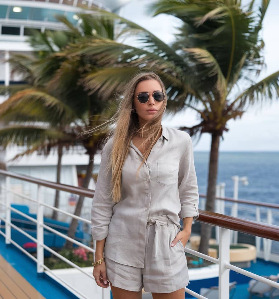 A stylish woman stands on the deck of a ship, her cruise outfit complemented by chic sunglasses and windblown hair. Palm trees sway in the background, with the vast ocean stretching beyond the ship's railings.