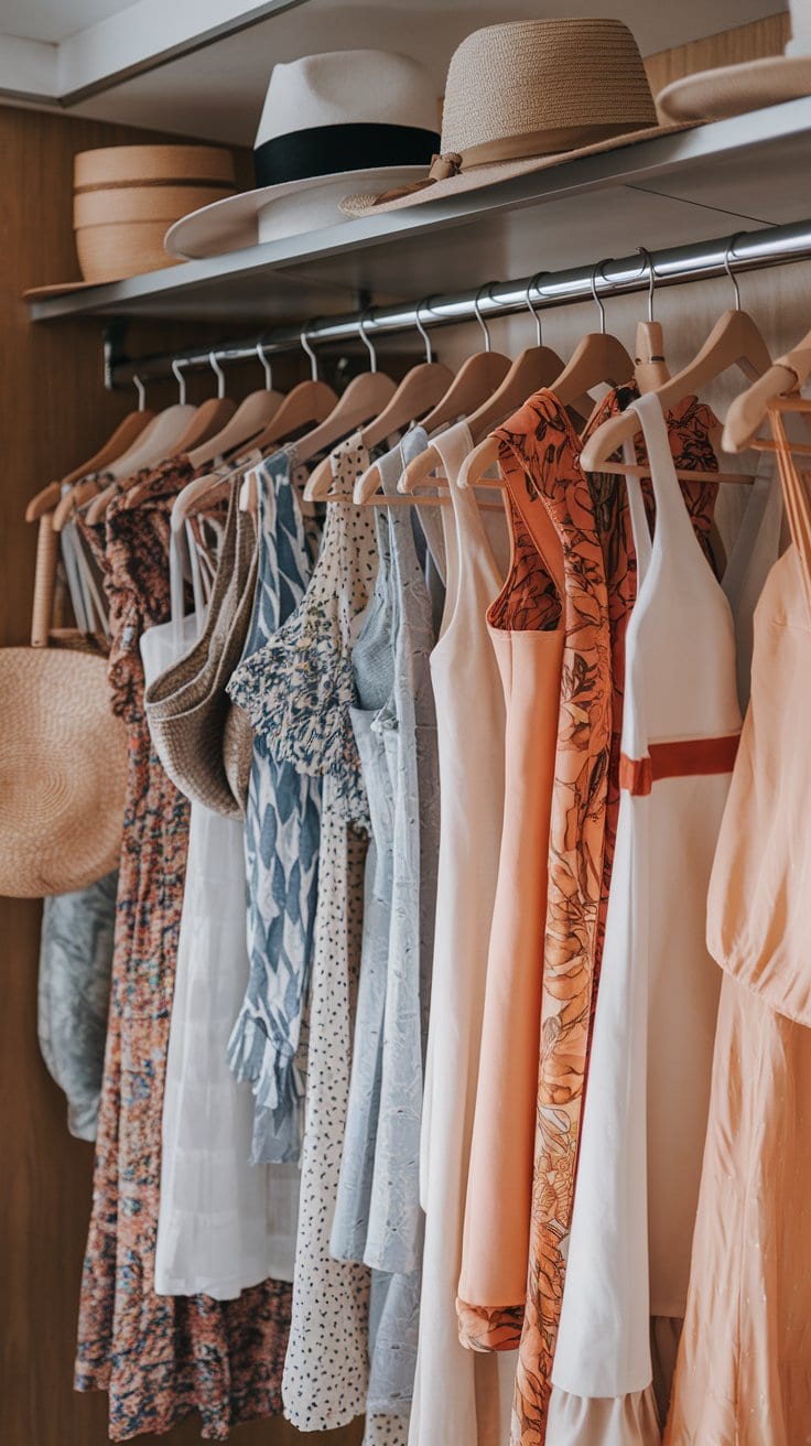 A closet rod with wooden hangers displays an array of women's dresses in patterns and solid colors, perfect for cruise packing tips. Above, several straw hats rest atop the closet, while a woven bag hangs on the left. The overall color palette is earthy and neutral.