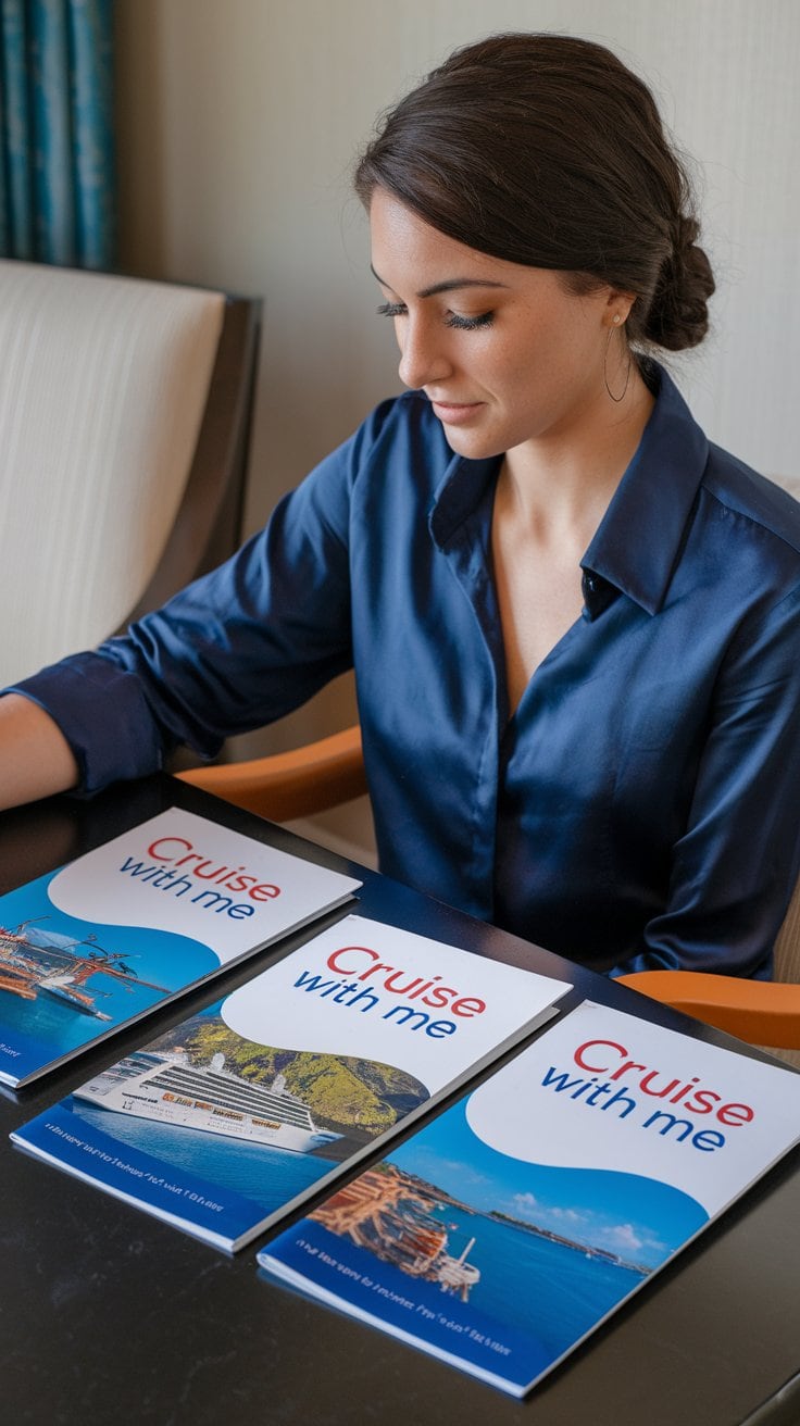 A woman sits at a table in a dark blue blouse, pondering over three "Cruise with Me" brochures. Each brochure showcases stunning cruise ships and scenic coastal views, promising adventure. Her focus shifts as she mentally compiles essential tips for efficient cruise planning.