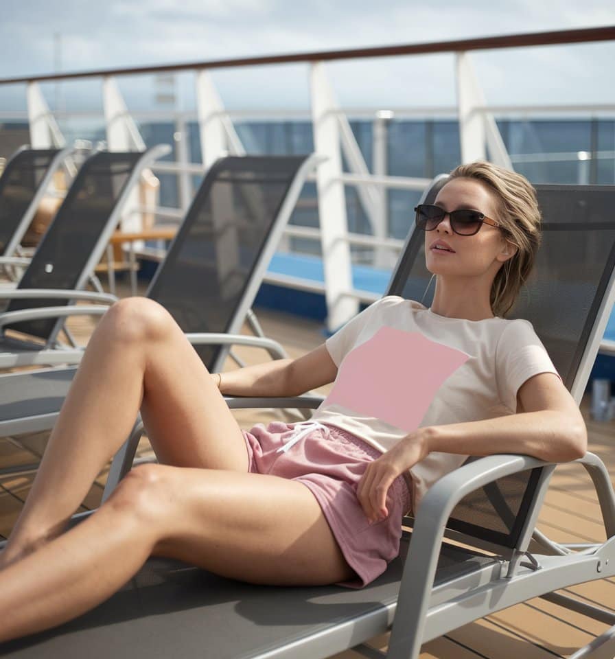 Reclining on a lounge chair on a wooden deck, a person in must-have tropical cruise outfits and sunglasses looks relaxed. The ocean and clear February sky create the perfect backdrop for this moment of bliss.