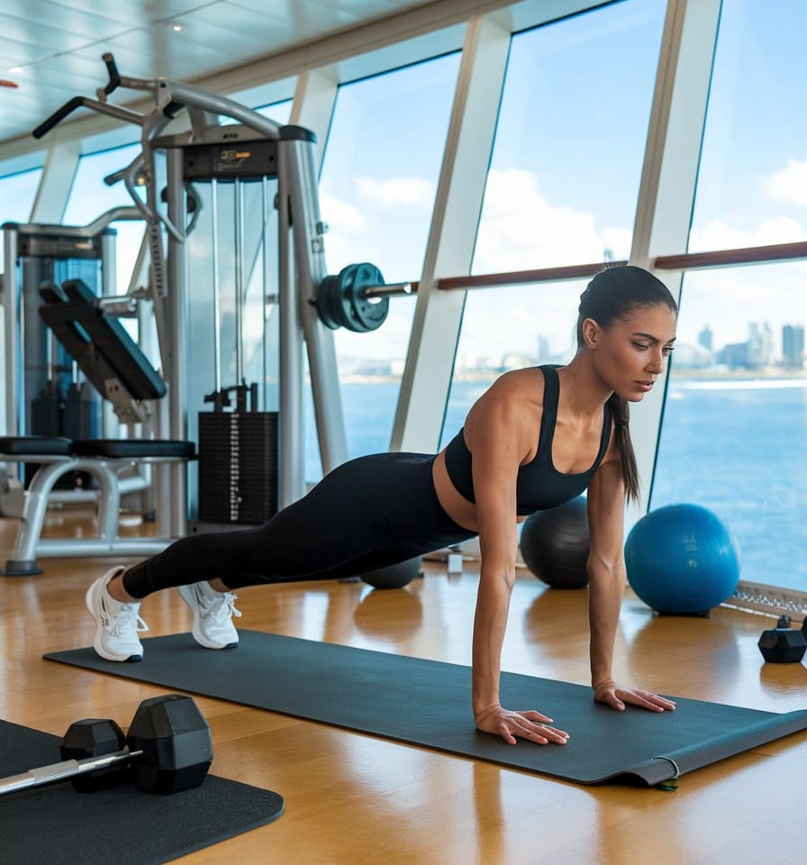 A woman in a sleek black sports outfit performs a plank on a yoga mat in a gym, seamlessly blending fitness energy with stylish cruise outfits vibe. Nearby, dumbbells, a stability ball, and a weight machine stand ready against the backdrop of large windows framing the cityscape and blue sky.