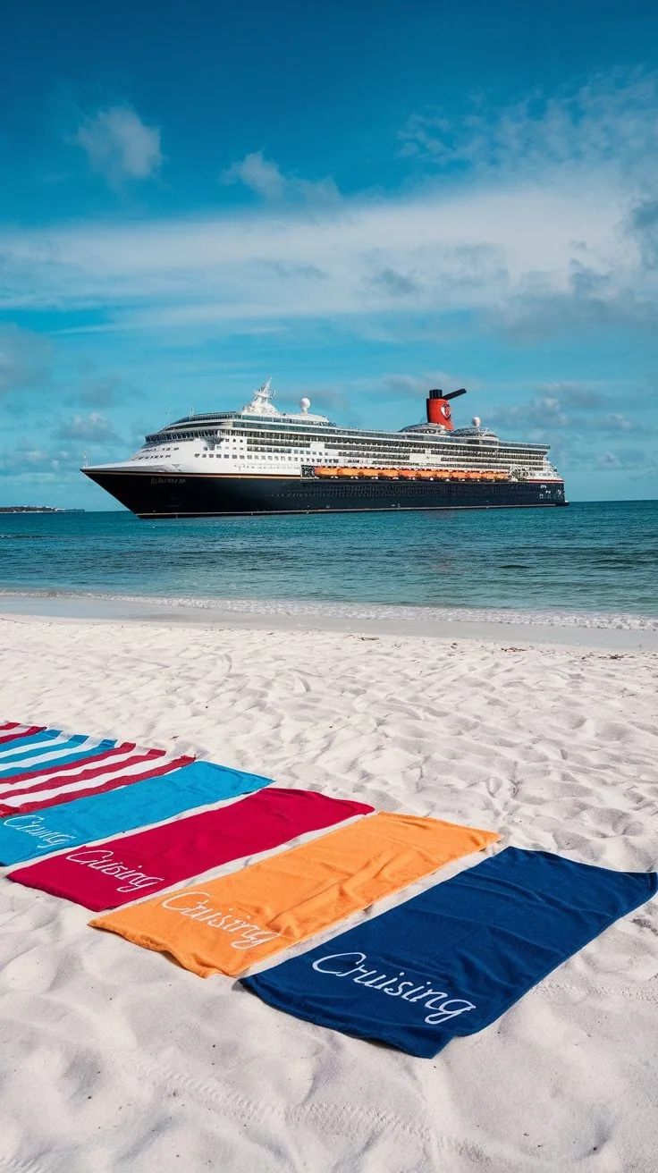 A cruise ship sails on the ocean under a clear blue sky. In the foreground, colorful beach towels with the word "Cruising" are laid out on the white sandy beach, offering perfect gifts for every occasion to commemorate unforgettable group cruise adventures.