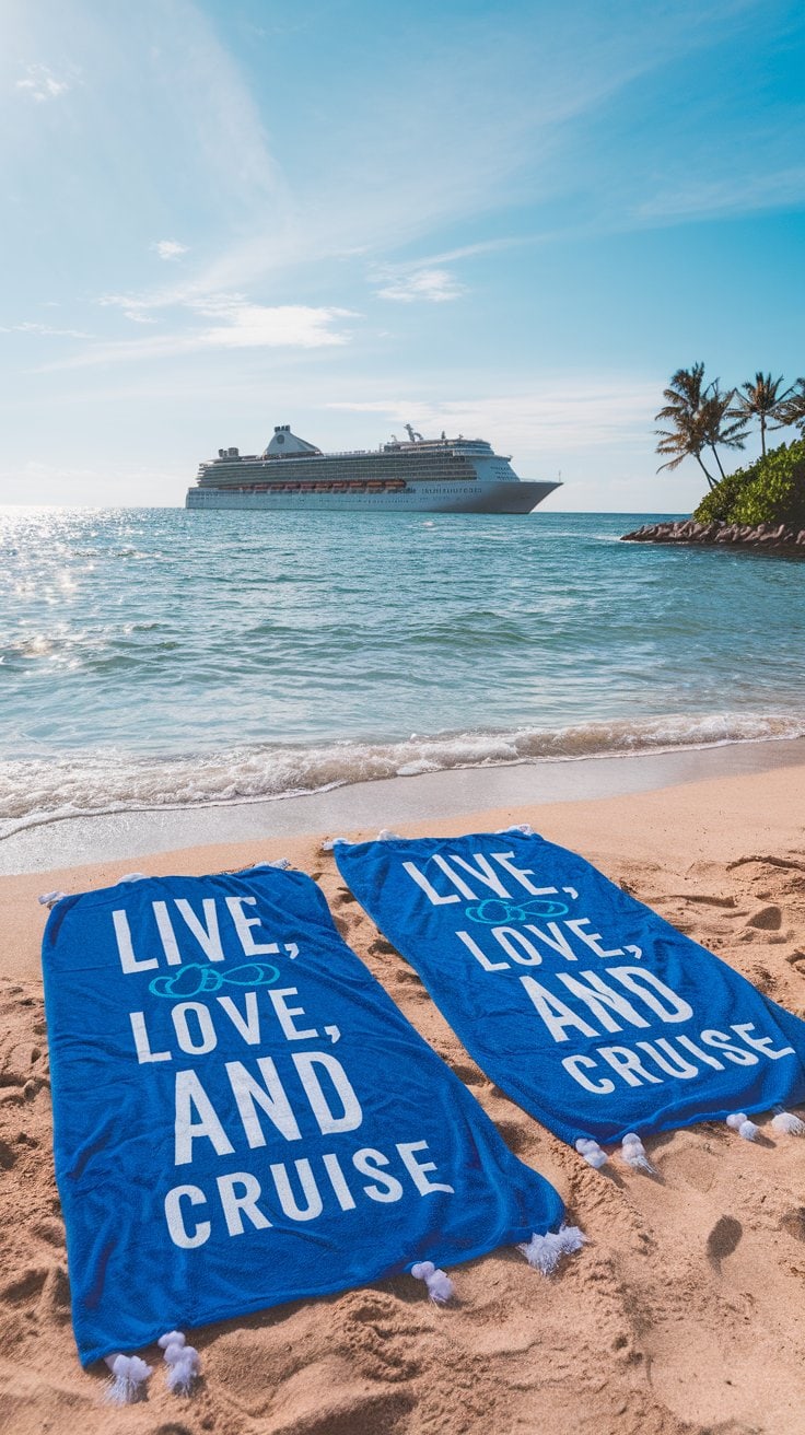 Two blue beach towels with "Live, Love, and Cruise" are spread on the sandy beach. A cruise ship glides in the distance under a clear sky lined with palm trees, offering the perfect backdrop for personalized cruise gifts.