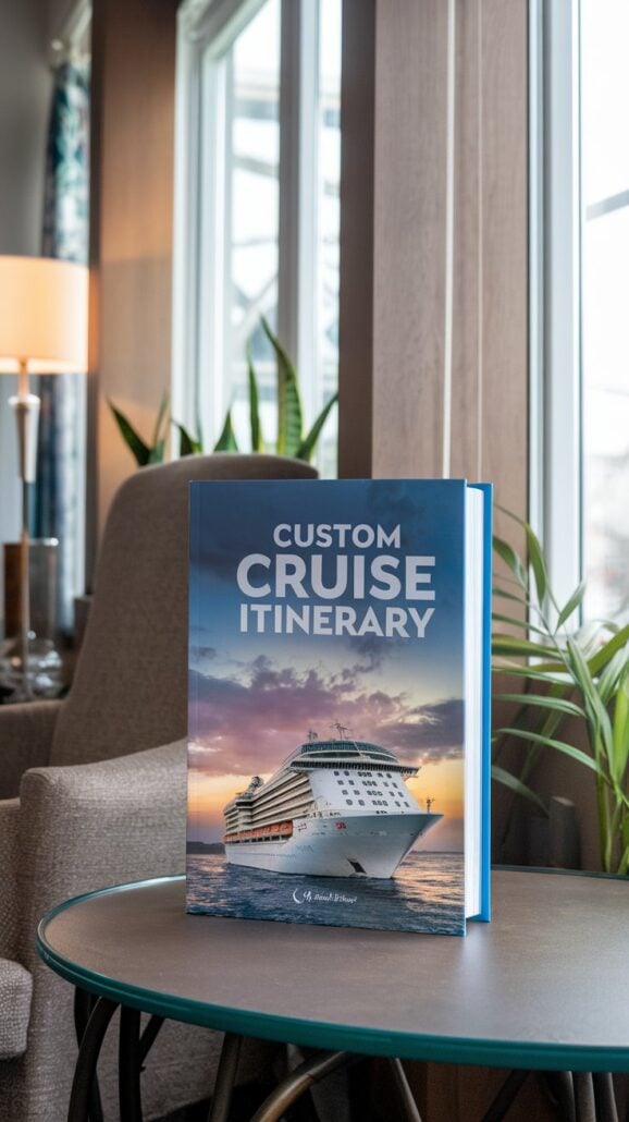 A book titled "Custom Cruise Itinerary" with a cruise ship on the cover sits upright on a round glass table by a large window. Perfect for those seeking unique cruise gifts, its setting is completed with a partially visible chair and floor lamp in the background.