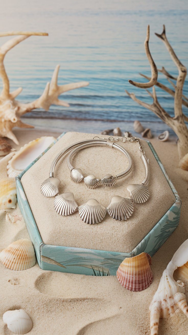 A silver necklace and bracelet with shell-shaped pendants are displayed on a sandy surface, perfect as unique gifts. The background features a serene beach scene with blue ocean water, scattered seashells, and driftwood, evoking memories of an unforgettable cruise.