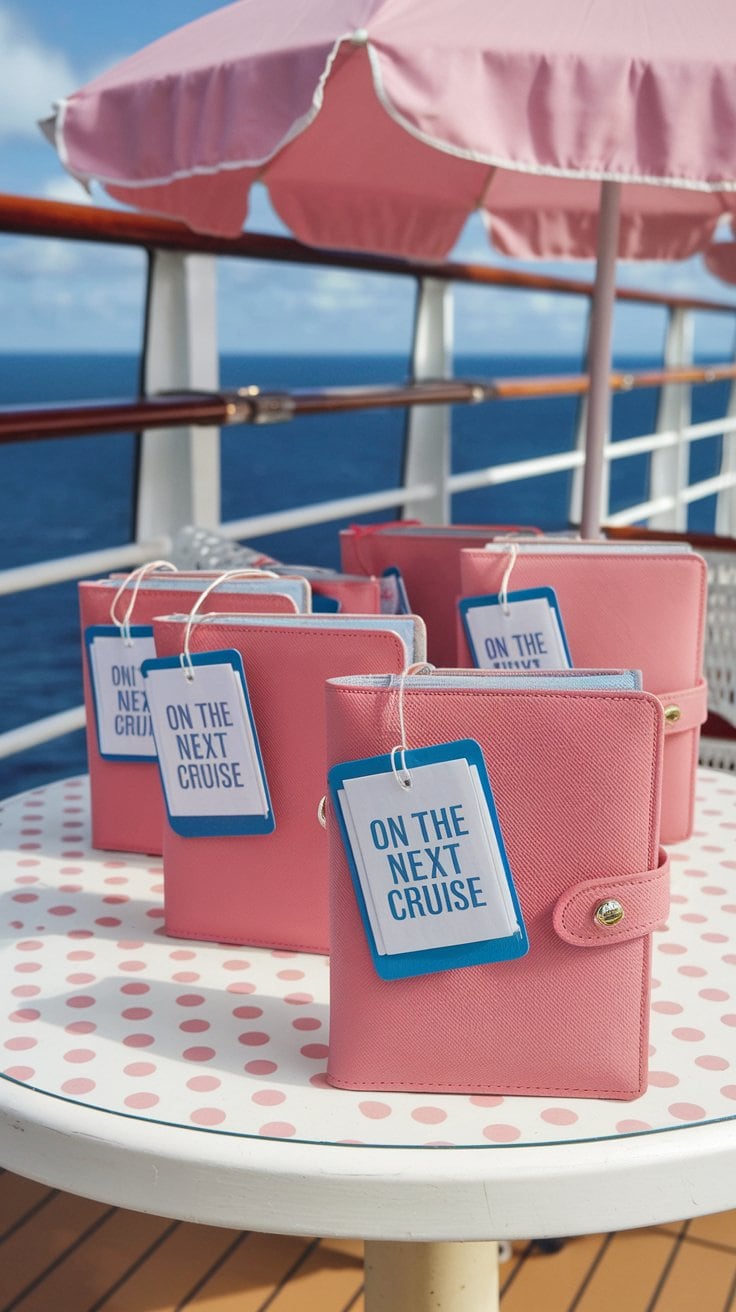 Pink planners with tags saying "On the Next Cruise" are arranged on a white polka-dotted table, making them ideal cruise gift ideas. The background shows the ocean and a pink umbrella on a cruise ship deck, perfect for capturing memories of your perfect group cruise adventure.