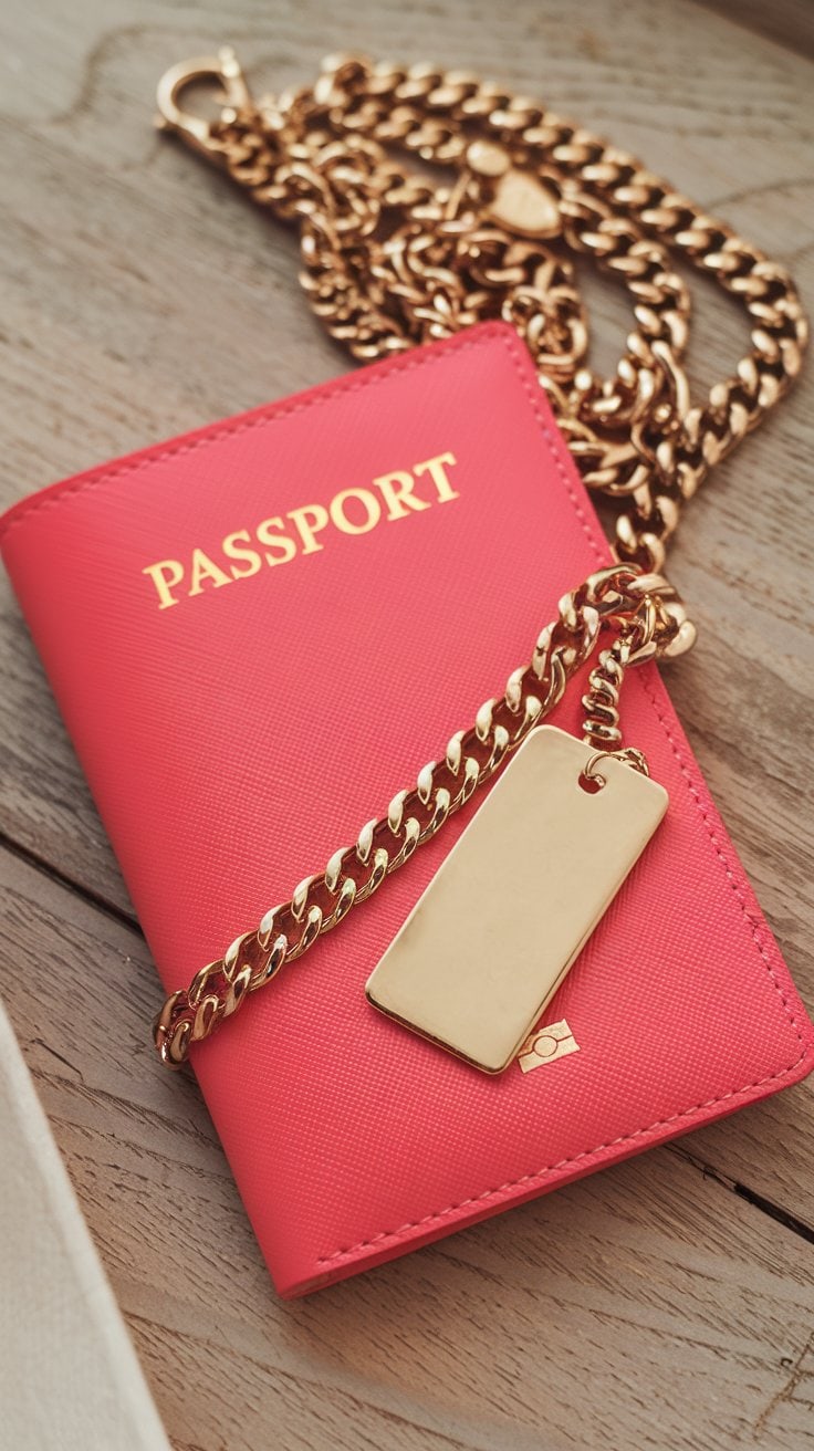 A red passport cover lies on a wooden surface, adorned with a gold chain, making it one of those unique cruise gifts. The cover has "PASSPORT" inscribed in gold letters, and a gold tag is attached to the chain.