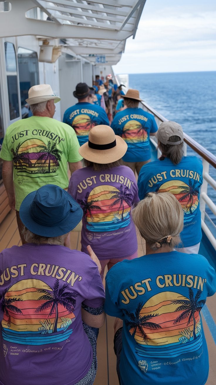 A group of people wearing vibrant "Just Cruisin'" t-shirts and hats stroll along the deck of a cruise ship, gifting each other unforgettable memories. Against the backdrop of an endless ocean, their shirts showcase a sunset and palm tree design—perfect group cruise gift ideas.