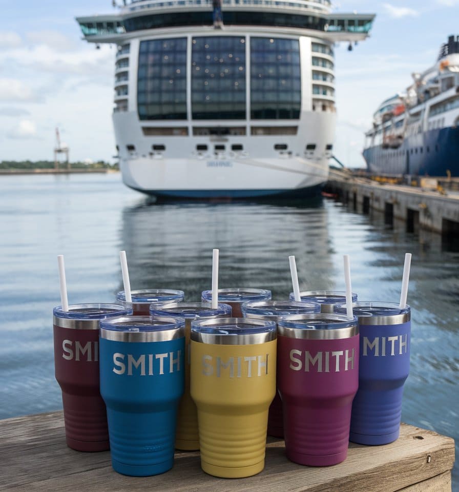 Several insulated cups with straws and the word "SMITH" on them are lined up on a wooden surface. Perfect for family cruise memories, these tumbler ideas complement the large cruise ship docked in the background, nestled alongside another vessel in a scenic harbor setting.