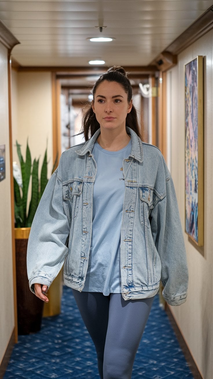 A person with long brown hair strolls down the hallway, effortlessly embodying vacation style in a light blue shirt, denim jacket, and dark leggings. A chic cruise vibe lingers as a plant and a painting complete the scene.