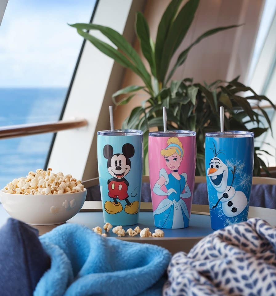 Three character-themed cups with straws, perfect family cruise tumblers, feature a mouse, princess, and snowman on a table. Nearby, a bowl of popcorn invites snacking. A blue blanket and ocean view set the scene in the background, with a plant adding a touch of green behind the cups.