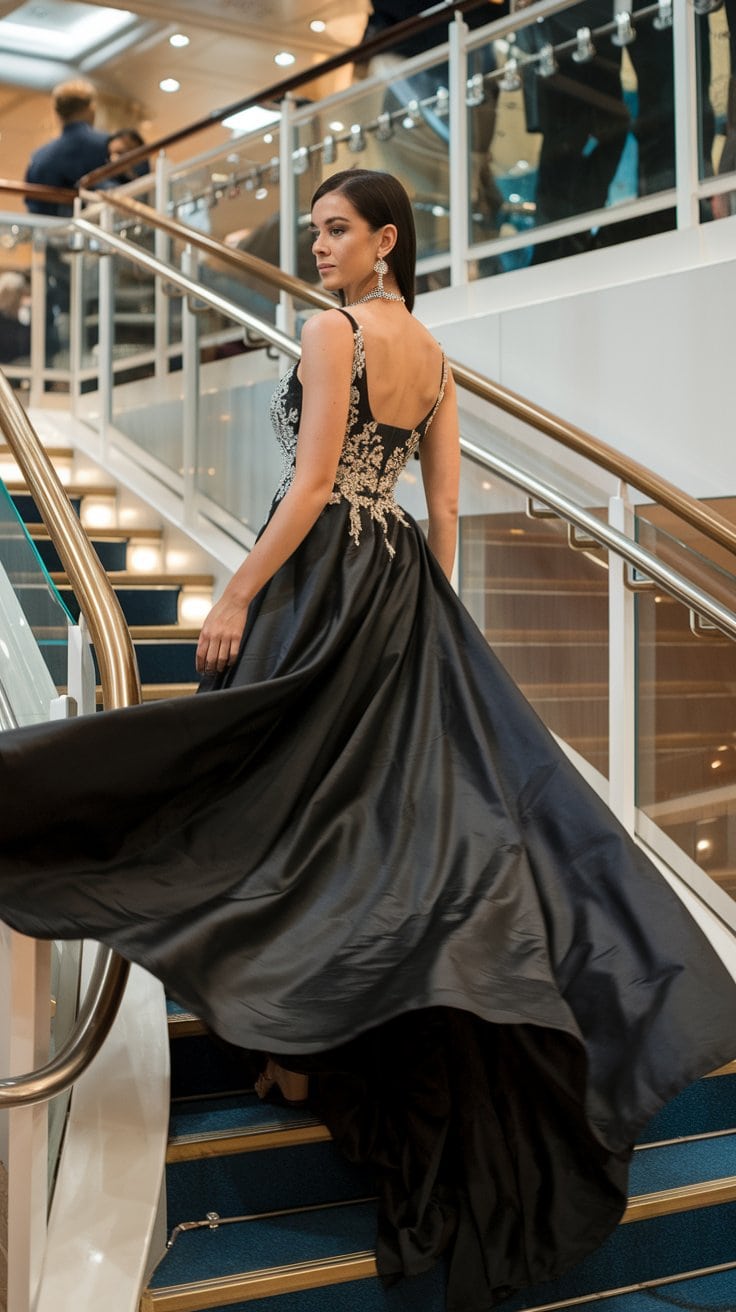 A woman in a black, flowing evening gown with intricate white embroidery stands on a staircase, embodying the essence of formal cruise outfits. Her dress has a long train, and she holds it gracefully. The elegant setting, with glass and metal railings in the background, enhances her dazzle onboard.