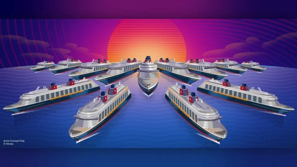A stylized concept illustration reveals an enchanting Disney-themed scene: multiple cruise ships with smaller vessels symmetrically arranged on a blue ocean, all facing a grand, vibrant sunset under a purple and pink sky. The ships feature red and black funnels atop their classic white hulls.